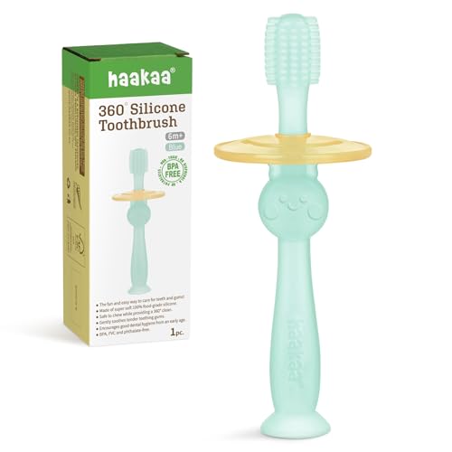 haakaa 360 Baby Toothbrush with Suction Base - Gentle Cleaning for Toddlers Self-Brushing Training, Food-Grade Silicone, Adjustable Safety Shield - Blue 1 Piece
