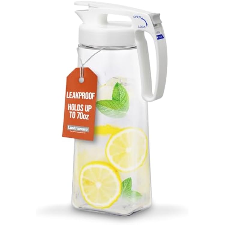 Lustroware QuickServe Airtight Pitcher - 2.1L 70oz, Heat Resistant, BPA-Free SAN Plastic, One Touch Open & Close, Space-Saving, Made in Japan - White
