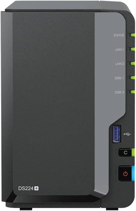 Synology DiskStation DS224+ NAS Server with Celeron 2.0GHz CPU, 6GB Memory, 16TB HDD Storage, 2 x 1GbE LAN Ports, DSM Operating System