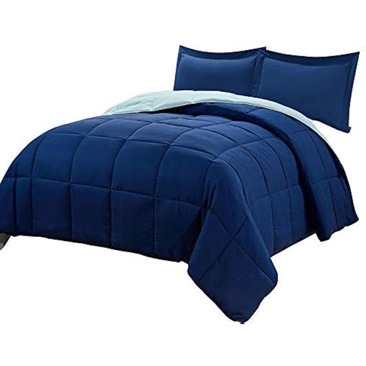 HUAJIE 3 Pieces All Season Goose Down Alternative Comforter Set,Duvet Insert Stand Alone 2 Sham,Reversible Box Stitched Quilted Comforter Corner Duvet Tabs,Soft Plush Navy, Twin