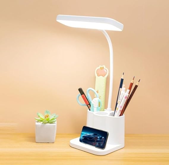Desk Lamp, 3 Brightness Levels Dimmable Adjustable Gooseneck Rechargeable LED Desk Lamp with Pen Holder, White