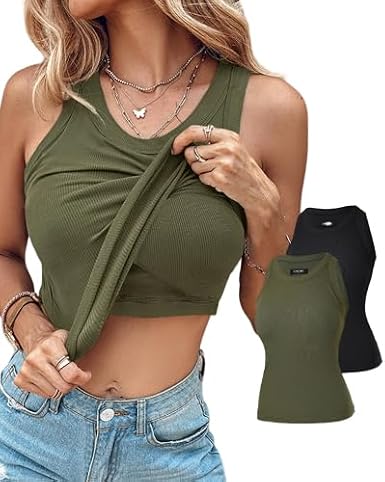 CHICME 2 Piece Built in Bra Tank Tops for Women Ribbed Tank Top Fitness Racerback Workout Tops