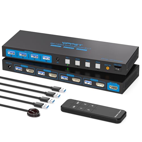 8K@60HZ HDMI KVM Switch 4 Computers 1 Monitor USB3.0 4K120Hz 4 Port KVM Switches for 4 PCs Share 1 Monitor and 4 USB Devices, Such as Keyboard Mouse Printer, with Controller and 4 USB Cables