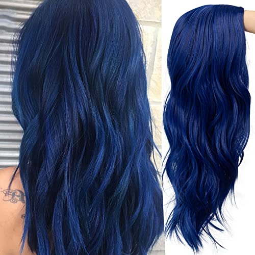 Baruisi Blue Wigs for Women Long Curly Wavy Synthetic Hair Wig Natural Middle Parting Heat Resistant Costume Cosplay Wig