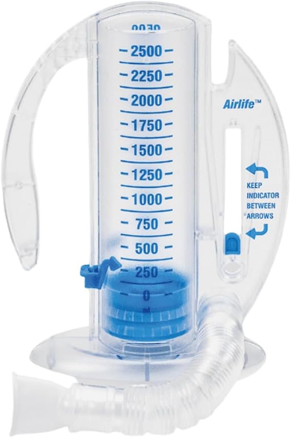 The Oxygen Store Spirometer Deep Breathing Exerciser, Monitor Lung Capacity up to 2500 mL, Latex-Free with Adjustable Goal Indicator, Transparent, One Size