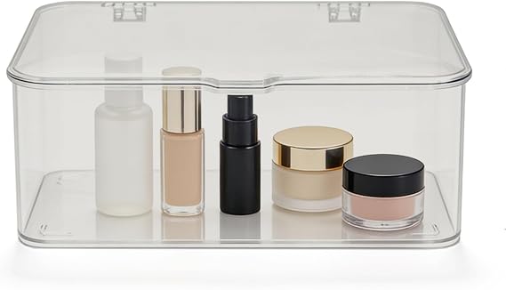 Cyrank Clear Stackable Storage Bins with Lids, Plastic Refrigerator Organizer Bins Small Makeup Organizer Box Cosmetic Storage Containers for Bathroom, Cabinet, Kitchen Organization