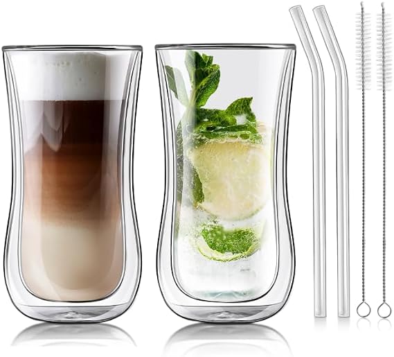 Joeyan 400ml Double Walled Drinking Glasses for Coffee Latte Cappuccino Macchiato Tea Mulled Wine Beer, Clear Insulated Thermal Glass Cups for Hot Cold Drinks, Tall Borosilicate Tumblers, Set of 2