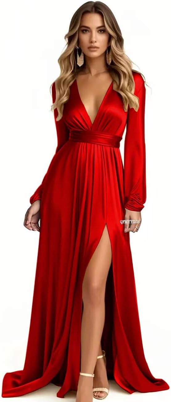 Long Sleeve Bridesmaid Dresses for Wedding Satin V-Neck Formal Dress Pleated Evening Party Gown with Slit