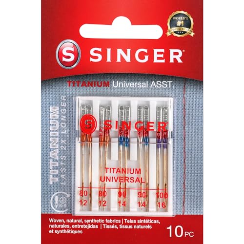SINGER 04808 Titanium Universal Regular Point Machine Needles Woven Fabric, Sizes 8011, 9014, 10016, 10-Count