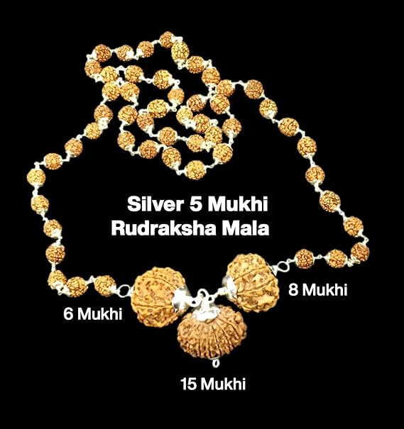 Rudraksha Combination for Business 6,8,15 Mukhi Nepal in Silver Mala IGL Lab Certified Original Genuine Beads (Medium)