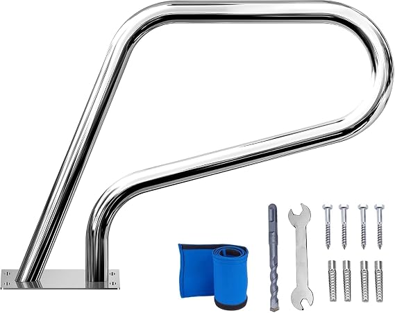 Pool Handrails 32x23 Railing 304 Stainless Steel Rustproof Swimming Pool Safety Stairs with Blue Grip Cover Rails Quick Mount Base Plate & Accessories