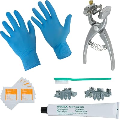 BOCCS Small Animal Complete Tattoo Kit with 0-9 and A-Z, Nitrile Gloves, and 5oz Green Paste for Identification of Sheep, Rabbits, Pigs, Goats, Cattle Livestock