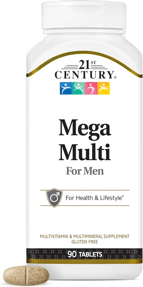 21st Century Mega Multi for Men Multivitamin, Saw Palmetto & Ginseng, 90 Ct | Men's Daily Vitamins with Vitamin A, C, D3, E, Zinc, Magnesium & Multimineral, Energy, Immune & Prostate Support, Gluten Free