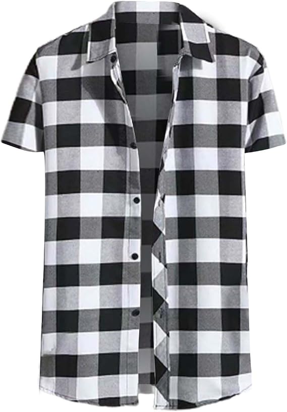 Mens Short Sleeve Button Down Shirts Cotton Plaid Regular Fit Men's Casual Button-Down Shirts with Pocket