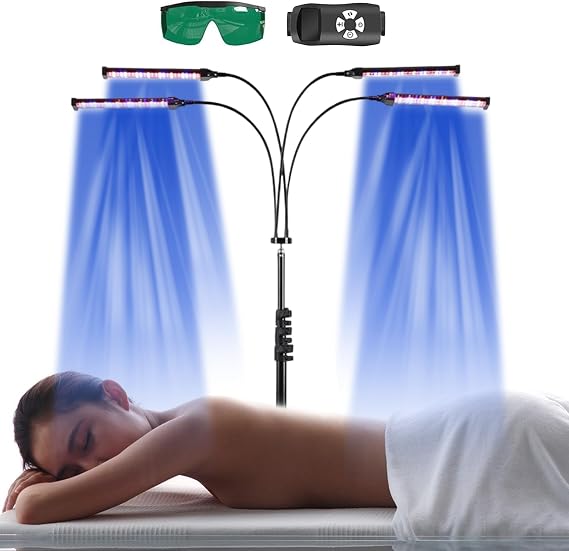 Tanning Lamp for Home with 460nm & 490nm Blue Light, 60W Face Tanning Lamp with 4 Lamp Heads and Adjustable Bracket, Tanning Bed with Adjustable Lighting Mode Intensity Time, Sunbeds for Home Tanning