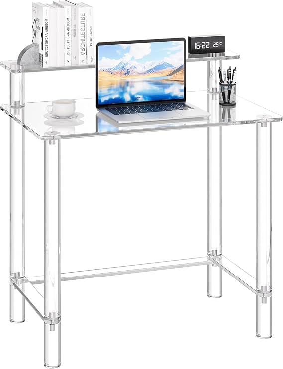 VEVOR Acrylic Desk with Monitor Stand, 2-Tier Clear Table Study Writing Desk, Modern Computer Desk for Home Office, Study, Bedroom Vanity, Living Room, 31.5" W x 19.7'' D x 34.7" H