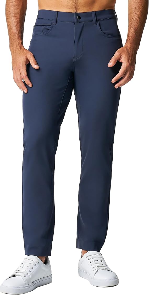 Men's Athletic Fit Stretch Chino Pants, Flat Front, 5 Pockets, Elastic Waistband