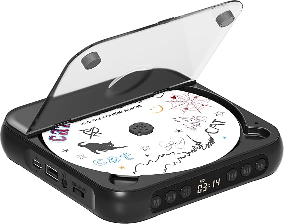 ENVYCLOUD CD Player Portable with Dual Stereo Speakers, Rechargeable Portable CD Player with Bluetooth for Home with Headphones, Support CD/AUX/USB,Black