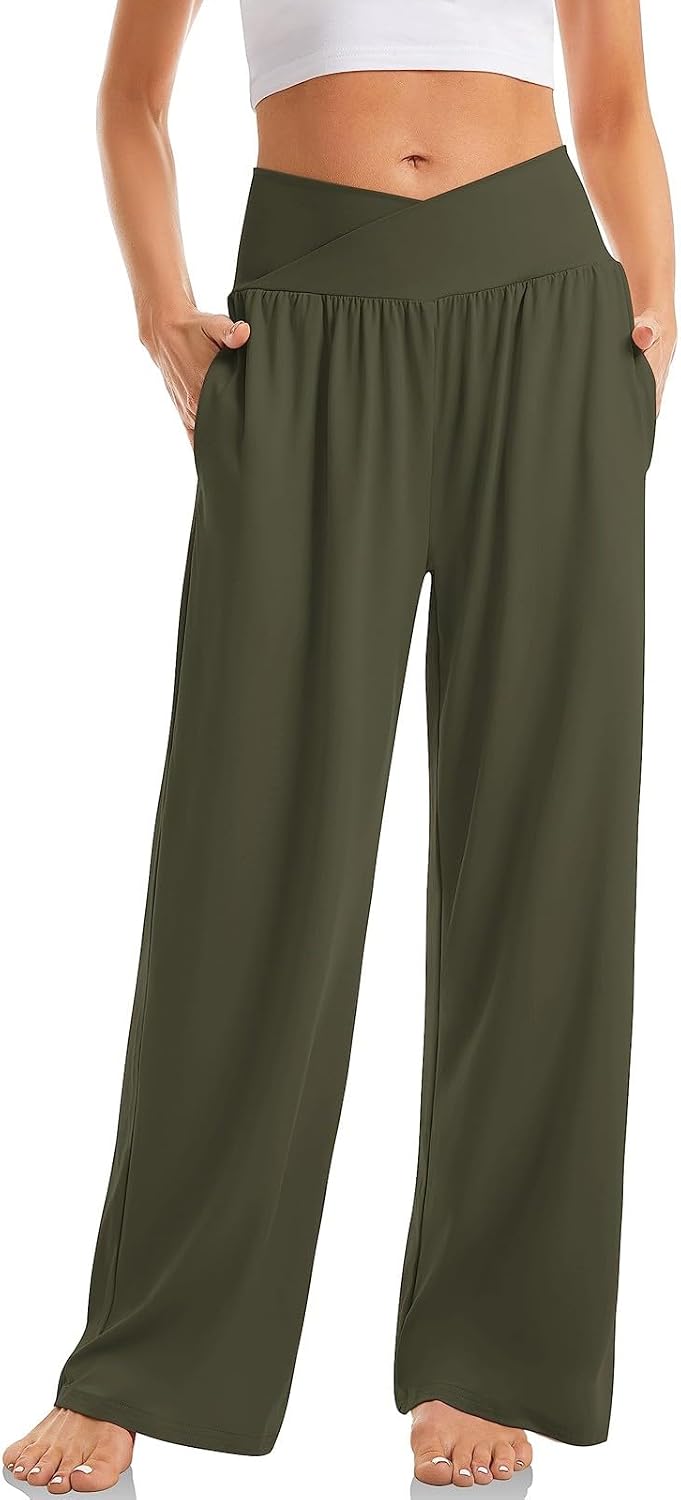 Womens Wide Leg Yoga Pants Trouser Style Stretchy Crossover High Waisted Pants Baggy Comfy Lounge Flare Pants 2024