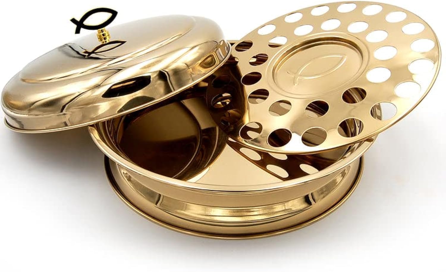 Communion Tray | Stackable | Base, Disk with Bread Plate Integrated and Cover | Stainless Steel | Brass Tone | Capacity for 33 Cups