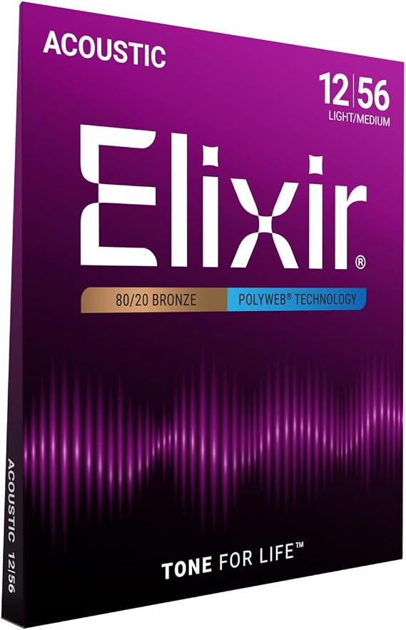 Elixir Strings, Acoustic Guitar Strings, 80/20 Bronze with POLYWEB Technology, Longest-Lasting Warm Tone with Comfortable Feel, 6 String Set, Light/Medium 12-56