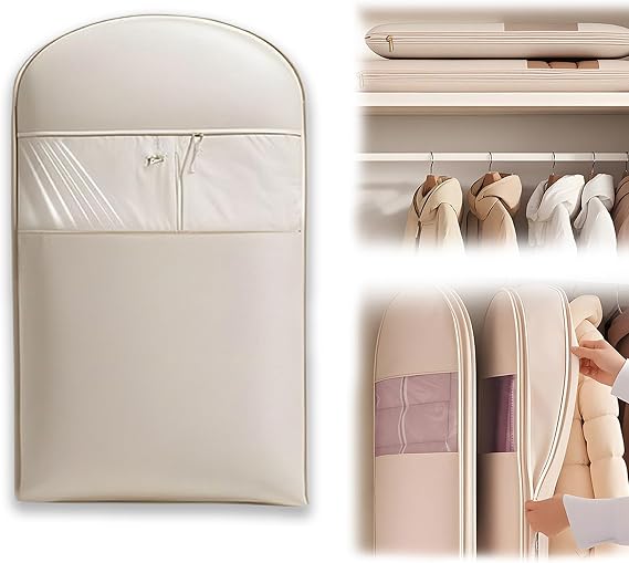 Space Saving Hanging Garment Bag with Self Compression Zipper, Space Saver Closet Organizers, Garment Bags for Hanging Clothes for Closet Storage (Beige, M-90 * 58 * 15cm)