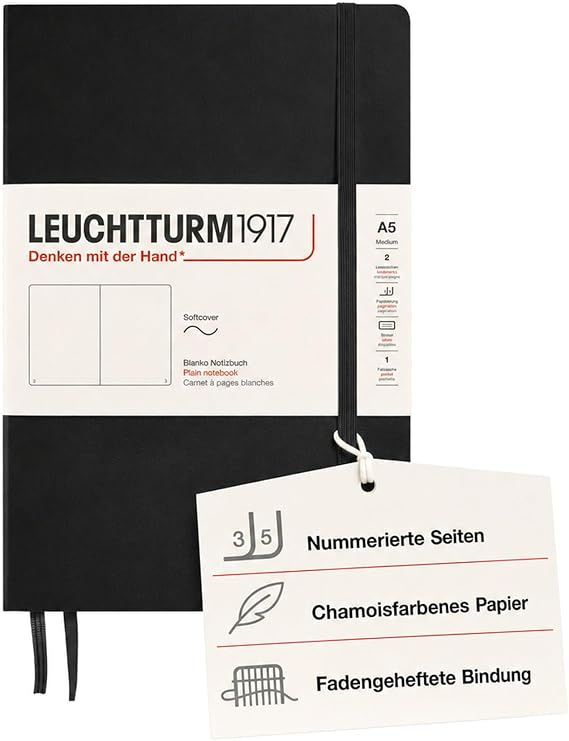 LEUCHTTURM1917 318651 Notebook Medium (A5) Softcover 123 Numbered Pages Black Blank