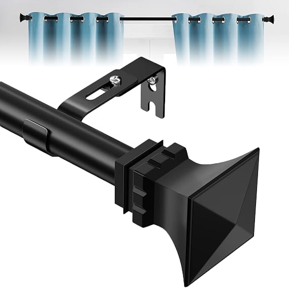 Curtain Rods with Square Finials for Windows 28 to 42 inch, Easy Install Rust Proof Decorative Finials Single Drapery Rods for Outdoor Patio Bedroom Living Room, 1 inch Diameter, Matte Black