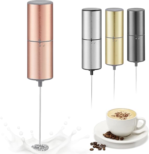 Battery Operated Milk Frother, Handheld Coffee Frother with Stainless Steel Whisk for Latte, Cappuccino, Matcha & Protein Powder, Requires 2 AA Alkaline Batteries (Not Included), Rose Gold