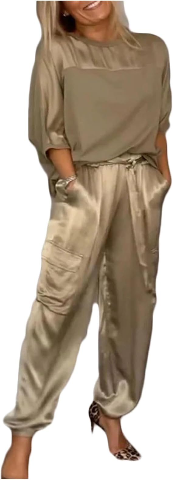 Legou Womens Smooth Satin Outfit Half Sleeve Top Casual Pant Jogger Lounge Two-Piece Set