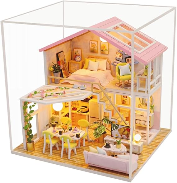 Miniature Home Making Set – LED Illuminated Wooden DIY Model – DIY Home Model with Balcony – Decorative Gift Set for Adults