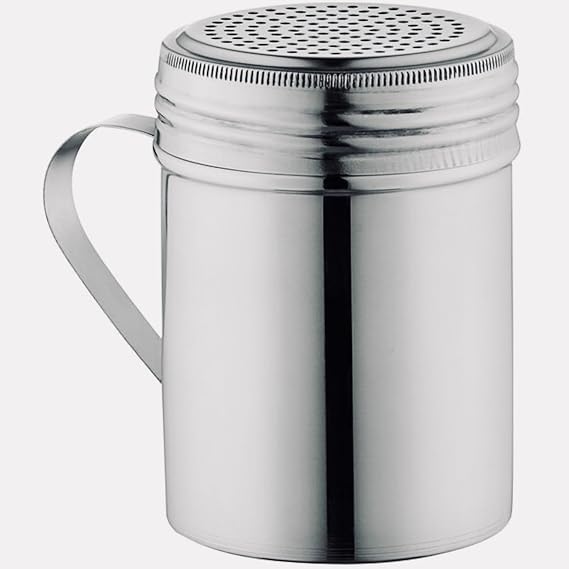 (Pack of 6) AME DESSENCE 10 oz Stainless Steel Dredge Shaker with Handle - Durable, Ergonomic, Perfect for Spices, Flour, and Sugar, Dishwasher Safe and More.