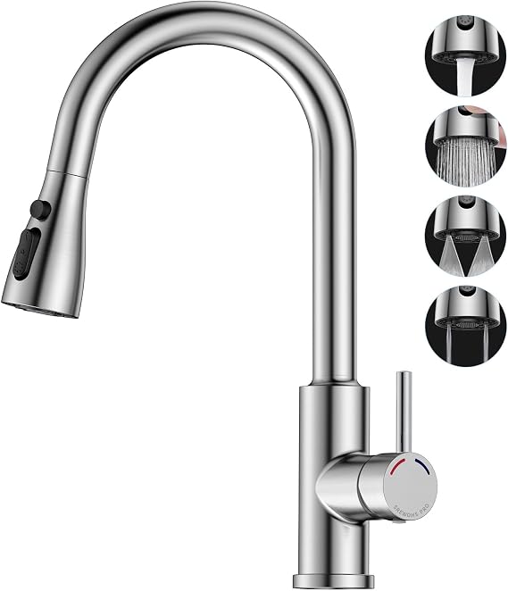 Kitchen Mixer Tap Brushed Stainless Steel – Pull-Out Spray Hose, 4 Spray Modes, 360° Swivel, High Arc, Single Lever, 1-Hole Installation, Nickel