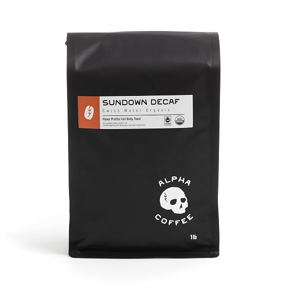 Alpha Coffee Sundown Decaf - 16 oz. Premium Gourmet Craft Organic Decaffeinated Drip Grind Coffee | Veteran Owned - Specialty Small Batch Roasted Coffee | 100% Arabica Beans (Medium Roast)