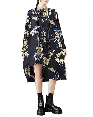 ellazhu Womens Shirt Dress Lapel Button Down Long Sleeve Patterned Asymmetrical Hem GZ394