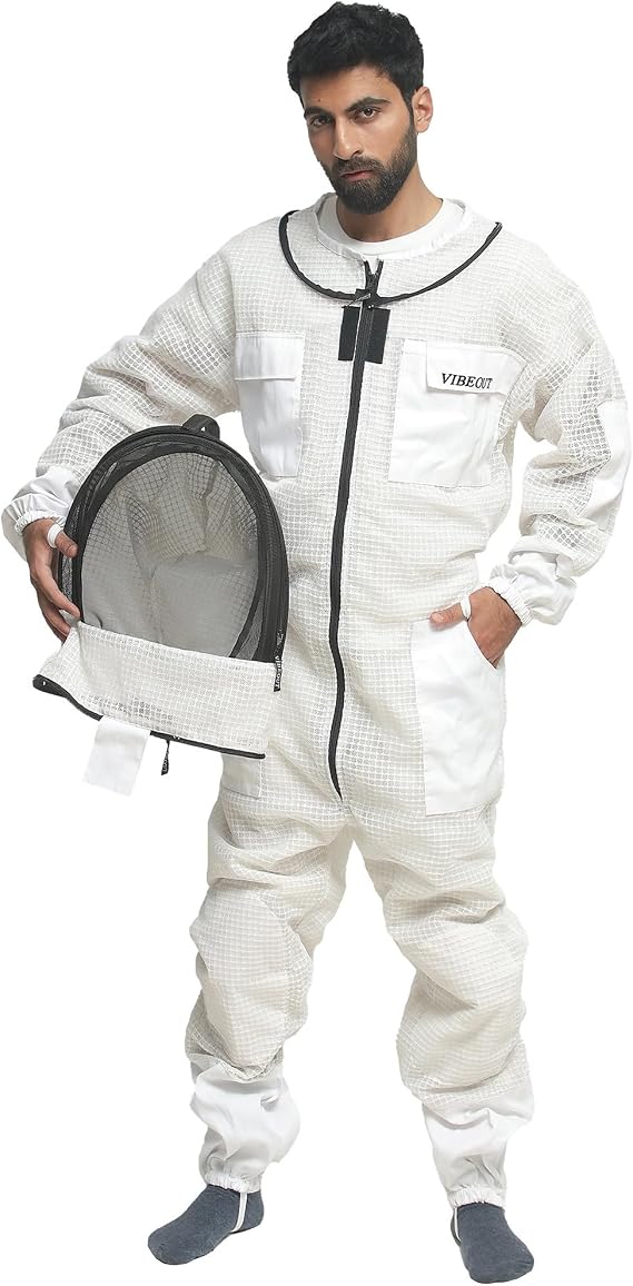 Bee Suit Ultra Ventilated 3 Layer Premium Air Mesh Beekeeping Suit for Men and Women with Fencing Veil Professional Sting Proof Beekeeper Suit, Wasp Suit Beekeeper Protection Equipment