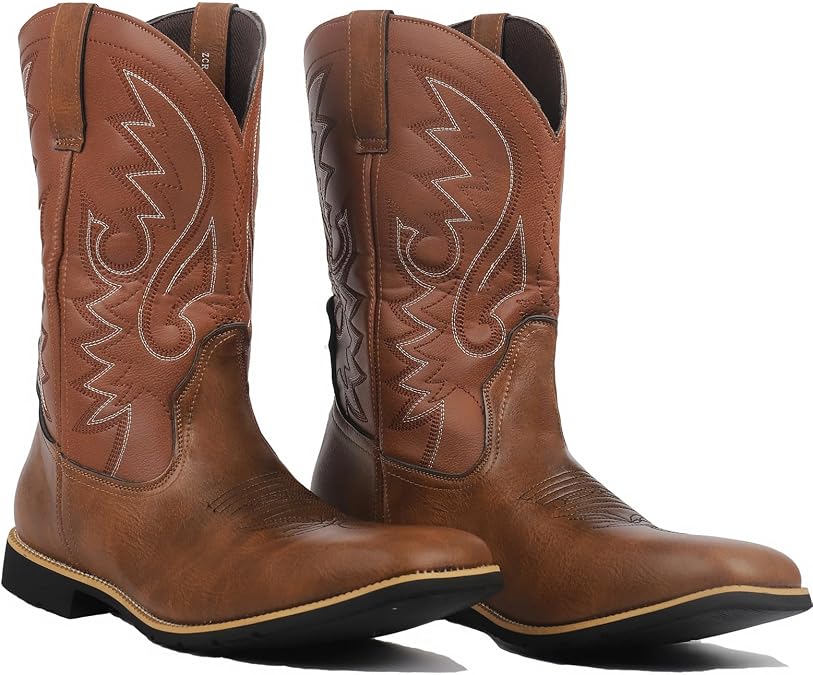 Western Work Boots For Men Square Toe Leather Lightweight Boots Pull On Mid Calf Men'S Cowboy Boots