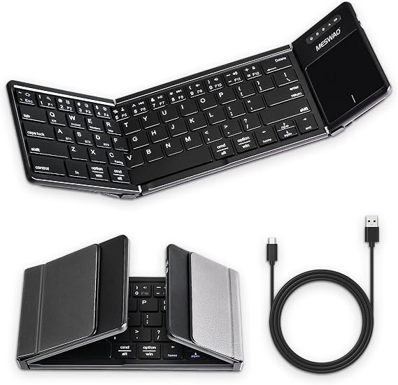 MESWAO Foldable Bluetooth Keyboard with Touchpad, Wireless Folding Keyboards with PU Leather (Sync up to 3 Devices), Full-Size Portable Keyboard for Android/Windows/iOS