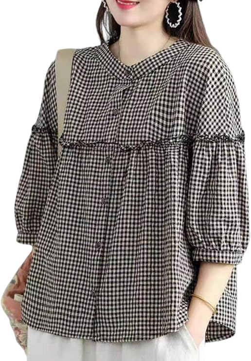utcoco Womens Plaid Button Down Shirts Casual Loose Fit 3/4 Sleeve Gingham Top Checkered Blouses