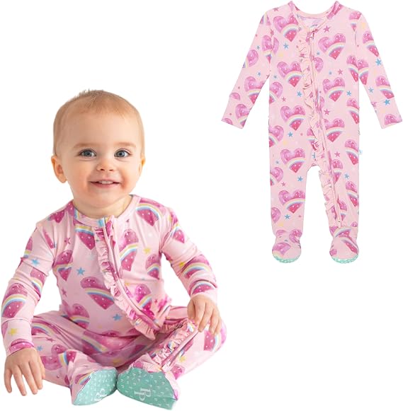 Posh Peanut Footie Pajamas for Baby Girls, Soft Viscose Derived from Bamboo | Footed Grips, True To Size Snug Fit, And Easy Care Wash, Ruffle Bodice With 2-Way Zipper for Easy Access,
