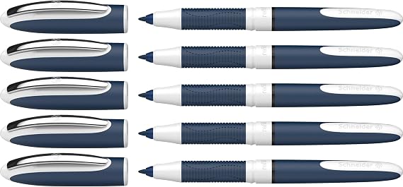 Schneider One Change Rollerball Pen, Refillable, 0.6 mm Ultra-Smooth Tip, Blue/White Barrel, Black Ink, Box of 5 Pens (183701)
