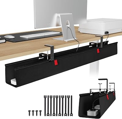 KEEGH Extra Large 48 Under Desk Cable Management Tray - Under Desk Cord Management - ClampScrew Mount - Support Upto 70lbs - Fabric Wire Management - Cable Raceways Tray Cord Hiders for OfficeHome