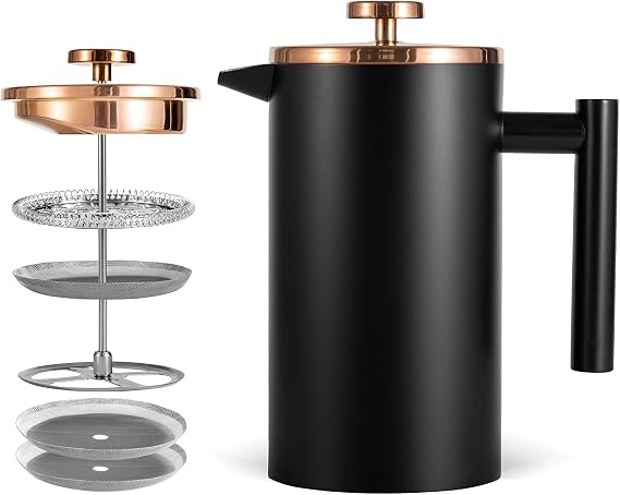Small Cafetiere 1 Cup Stainless Steel French Press Coffee Maker Double Wall Insulated Coffee Press 350ml/12oz with 2 Filter Mesh Black Cafetiere Coffee Pot Rose Gold Lid