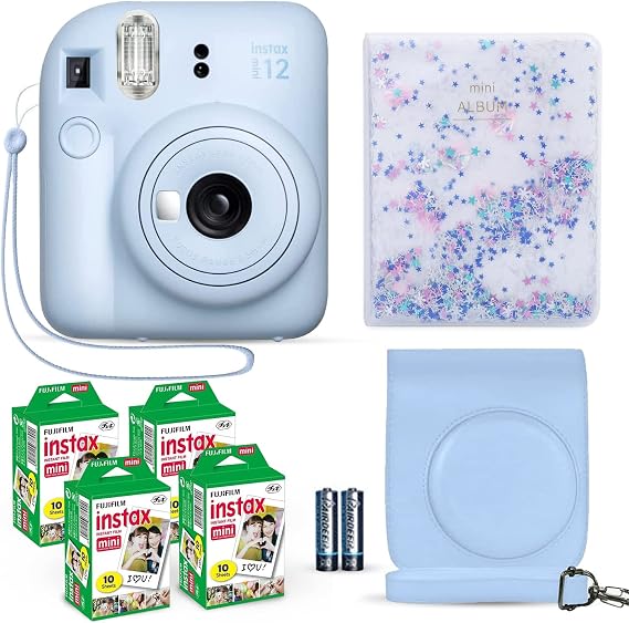 Fujifilm Instax Mini 12 Pastel Blue + Fuji Instax Film 40 Sheets + Shutter Accessories Bundle, Incl. Carrying Case & Quicksand Beads Album 64 Pockets