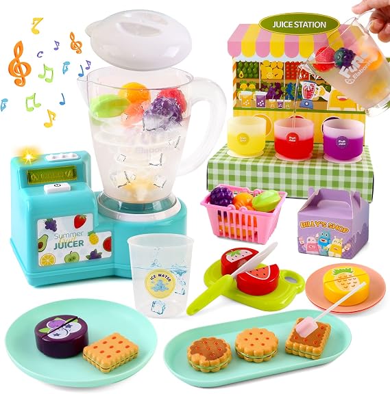 Kids Juicer Toy Set with Color-Changing Fruits, Fruit Cutting Play Food & Pretend Smoothie Maker, Water-Reactive Kitchen Role Play Toy Gift for Toddlers Ages 2 3 4 +