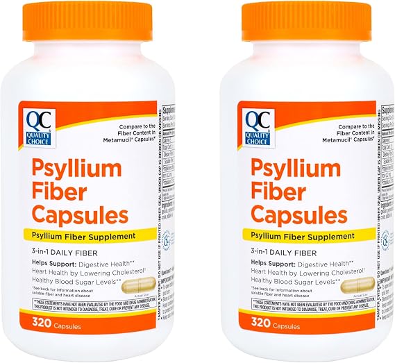 Quality Choice Psyllium Fiber Capsules, 1.8 Grams of 3 in 1 Soluble Fiber per Serving for Regularity. Plant Based Value Size Convenient Daily Supply, 320 Count.