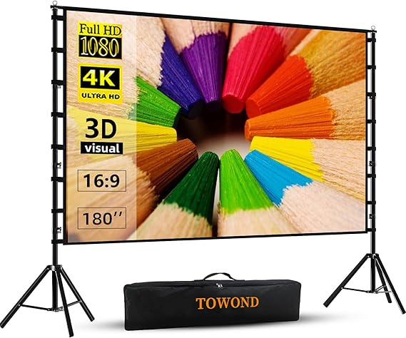 TOWOND Projector Screen and Stand, 180 inch Outdoor Projector Screen 15 FT Large Projection Screen, Portable 16:9 4K HD Rear Front Movie Screen with Carry Bag Wrinkle-Free Design for Backyard Theater
