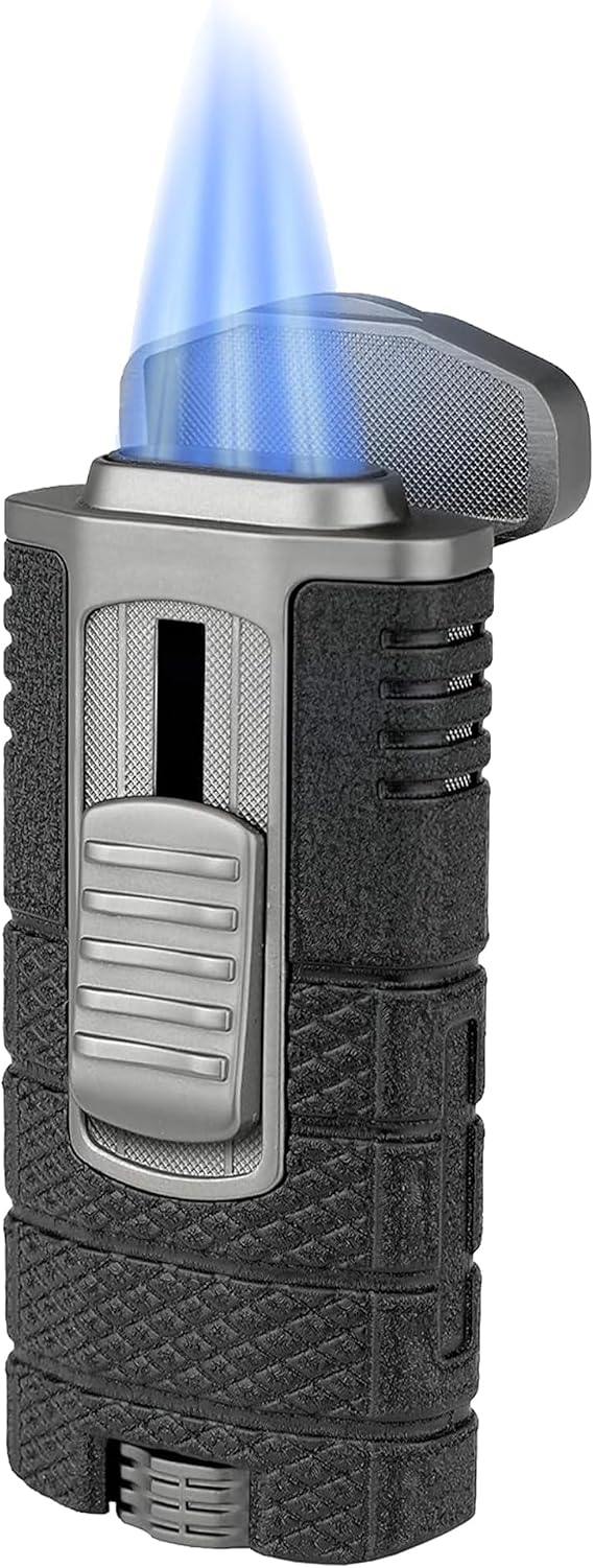XIKAR Tactical Triple-Jet Lighter, Black and Gunmetal | Powerful Jet Flame for Cigars with Pocket Clip, EZ-View Fuel Window, Adjustable Flame Height & Pull Down Ignition Trigger, Ideal for Outdoor Use