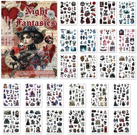 Bomichi Washi Stickers for Scrapbook, 24 Sheets Goth Sticker Book for Journaling, Dark Aesthetic Pre-Cut Stickers Book for Junk Journal Supplies Collage DIY Crafts Phone Cases Adult