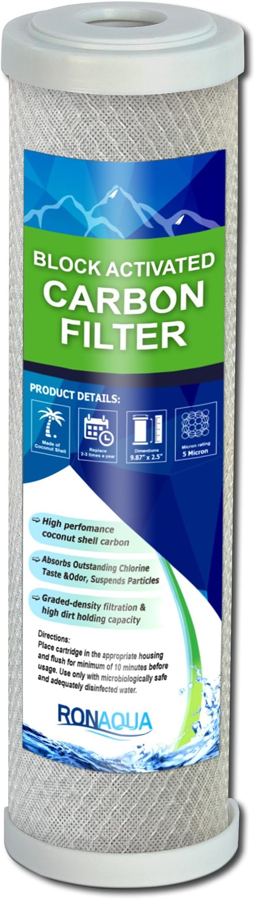 Block Activated Carbon Coconut Shell Water Filter Cartridge 5 Micron for RO & Standard 10 Housing WELL-MATCHED with WFPFC8002, WFPFC9001, WHCF-WHWC, WHEF-WHWC, FXWTC, SCWH-5